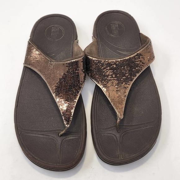 Fit Flop Womens Electra Bronze Sequins Brown Thong Sandal Size 9 Wedge Walking - Picture 2 of 9